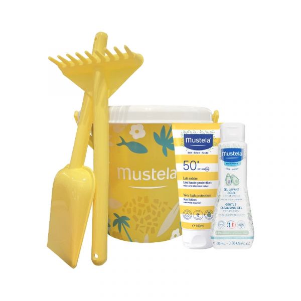 Protetor Solar Mustela Bebé Solar Leite SPF50+ 100ml + Gel Lavante 100ml + Balde