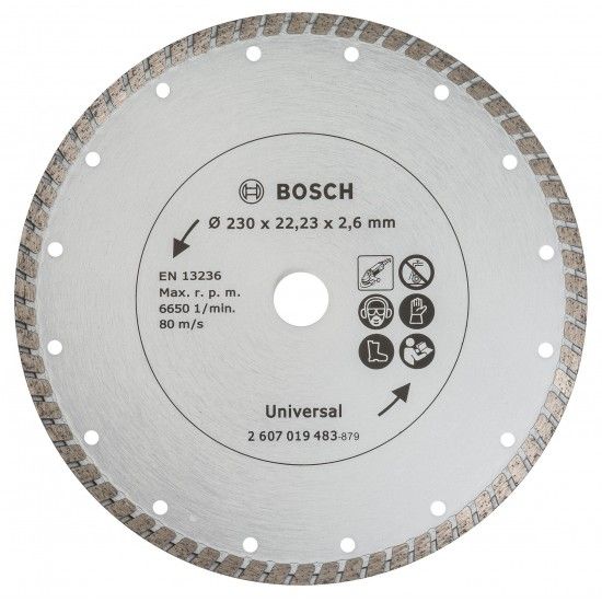 Disco de corte de diamante de Ø 230 mm, para cortes precisos e limpos em diversos materiais de construção. Disco de corte com diamante Turbo refª 2607019483 BOSCH
