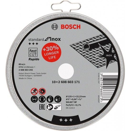 DISCO CORTE INOX 125mm LATA 10PÇ REF 2.608.603.255 BOSCH