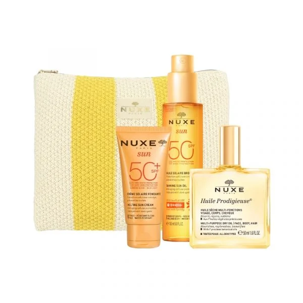 Nuxe Sun Kit de Viagem Essenciais de Verão Óleo Bronzeador FPS50 150ml + Protetor Solar Facial FPS50+ 50ml + Óleo Seco 50ml Coffret