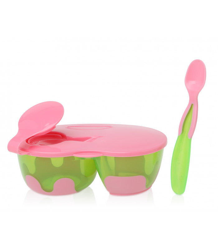Kiokids Taça Dupla para Alimentos com Colher Rosa