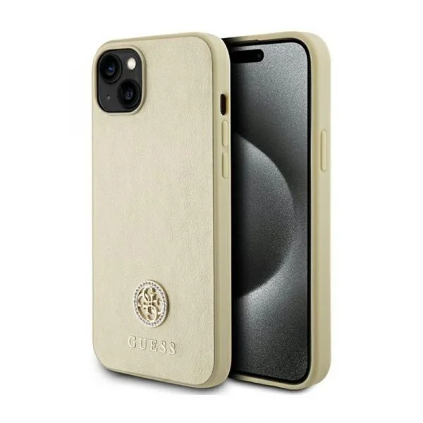 Guess Capa Leather 4G Metal Logo Strass para iPhone 15 Gold