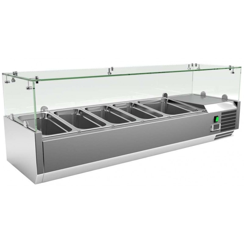Vitrine 4 recipientes GN1/3 + 1 recipientes GN1/2 com cúpula de vidro de 1400 x395 x440mm