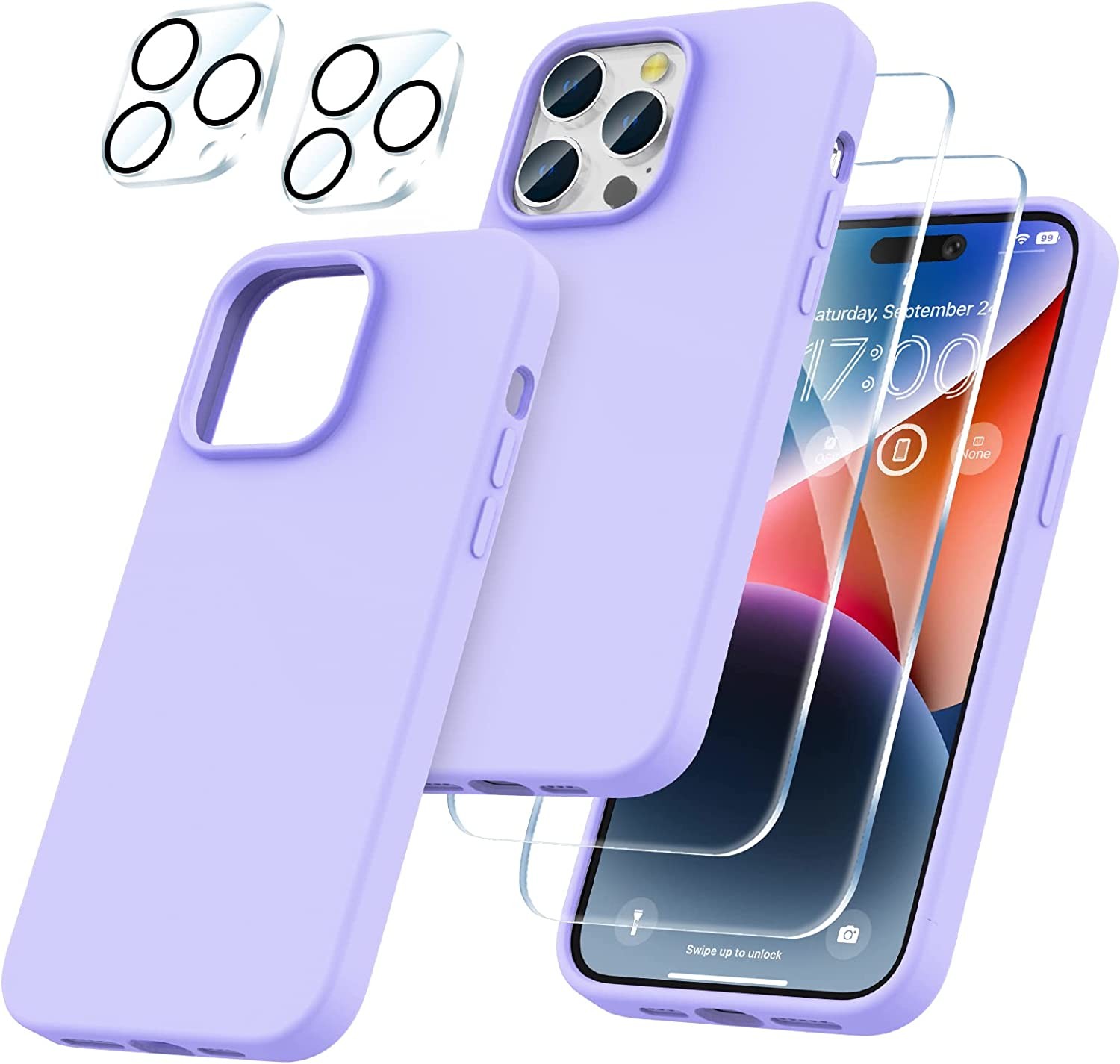 Capa Silicone Lilás iPhone 14 Pro Max com 2 película vidro temperado 2 película camera