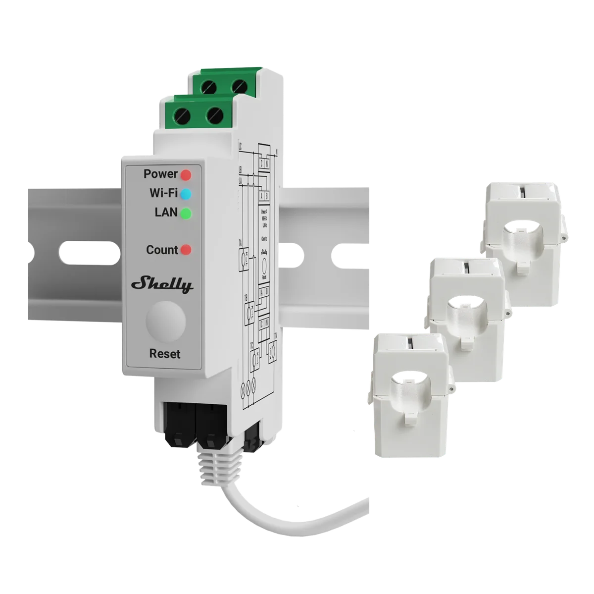 Shelly Pro 3EM Medidor de Energia Calha DIN + 3 Núcleos de 120A