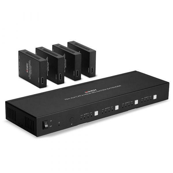 Lindy 38328 Distribuidor e Extensor HDMI 4K60 IR 4x4 Cat. 6 / 70m 18G Matrix Extender - Transmissor e Recetor AV Preto
