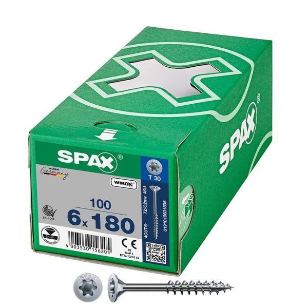 SPAX Parafuso Universal Cabeça Plana Escareada Wirox T30 6x180mm Caixa 100 Unidades