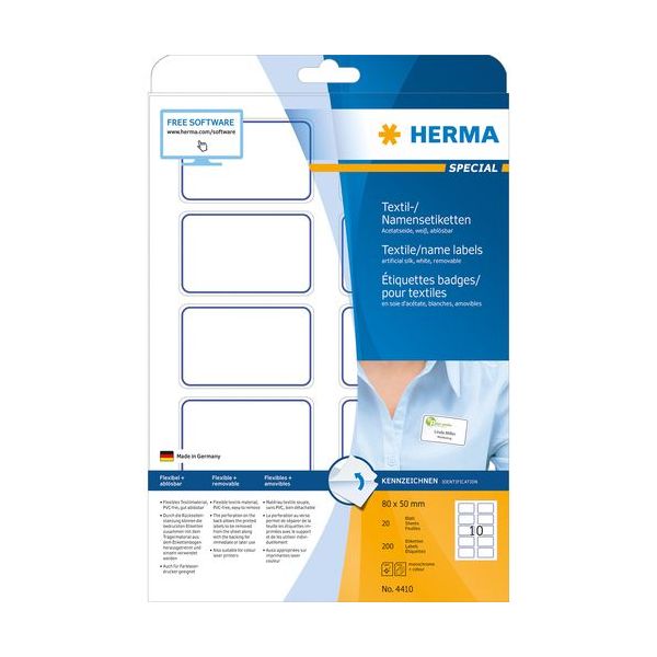 Herma Textile/Name Labels 80x50 20 sh.DIN A4 wh/blue 200pc. - 4410