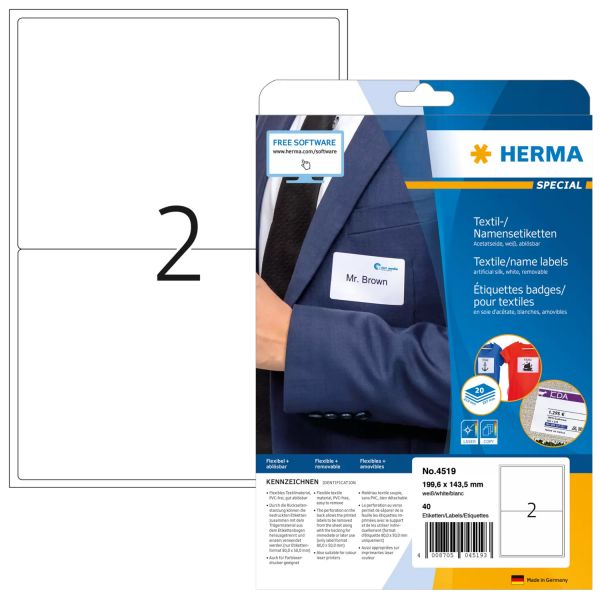 Herma Etiquetas Têxteis para Nome A4 199,6x143,5mm Branco 40 Unidades
