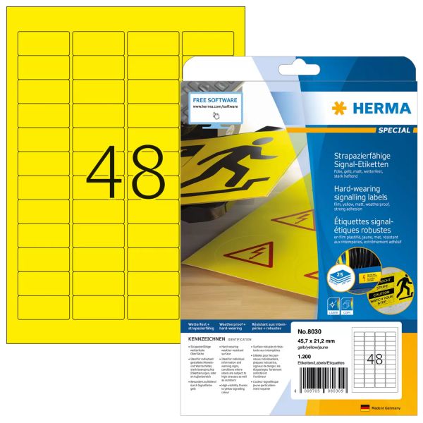 HERMA 8030 Etiquetas de Sinalização A4 45.7x21.2mm Amarelas 1200 Peças
