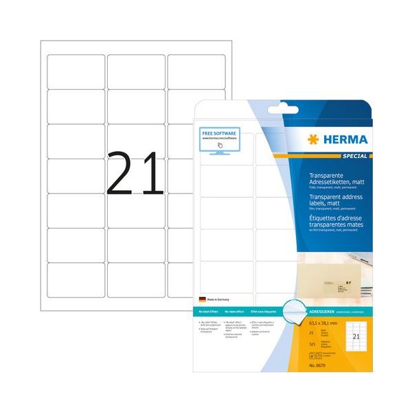 Herma Address Labels 63,5x38,1 25 Sheets 525 pcs. transp. - 8670