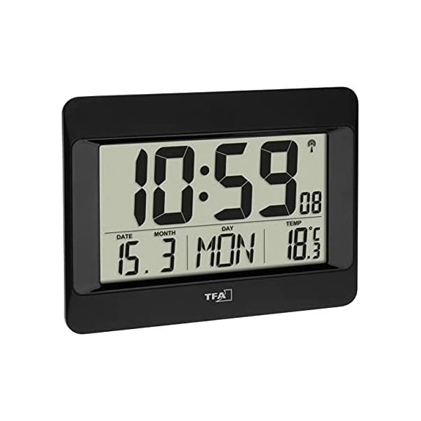 TFA-Dostmann Despertador/Relógio de Parede Digital 60.4519.01 com Temperatura Interior, Dia da Semana (8 Idiomas), Data, Ajuste de Fuso Horário, Black