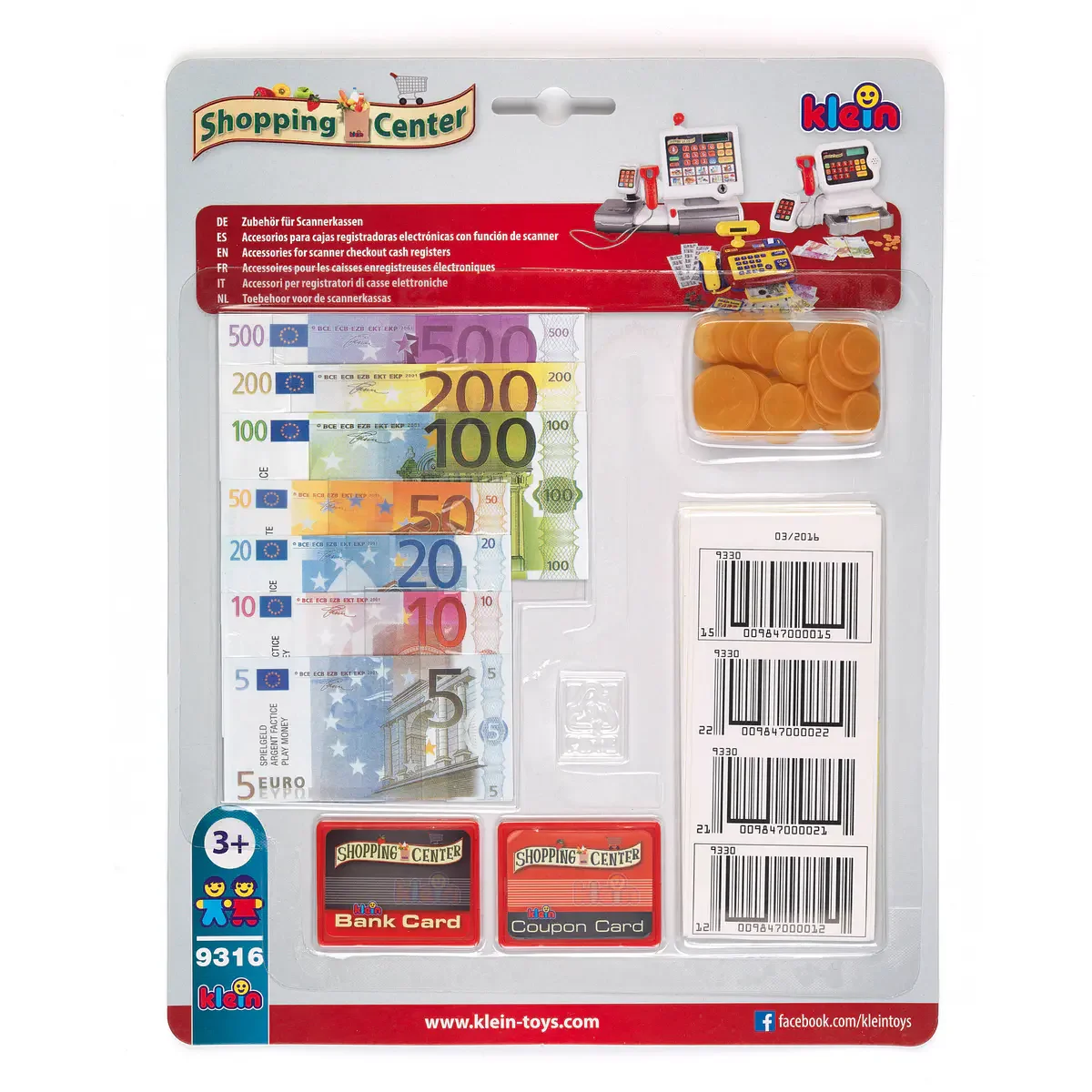 Conjunto de moedas e notas de brincar 3+