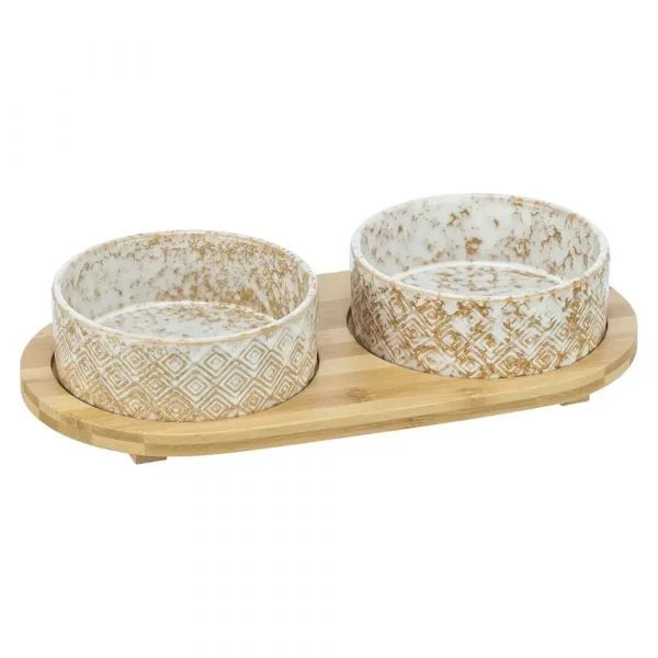 Trixie Gamela Dupla em Cerâmica com Suporte em Bambu 2 x 800 ml