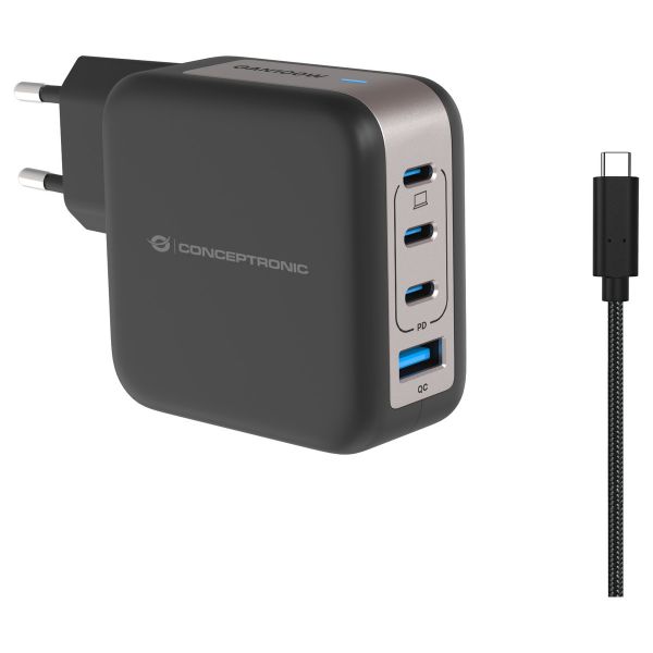Conceptronic ALTHEA18B Carregador de Parede 100W GaN 3xUSB-C 1xUSB-A Preto