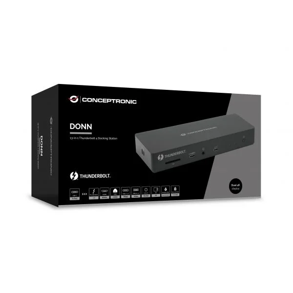 Conceptronic Docking Station DONN30B Thunderbolt 4 13-em-1 USB-C 96W PD HDMI 2.1 2xThunderbolt 2xUSB-A 3.2 2xUSB-C Áudio RJ45 2.5GBE 8K Preto