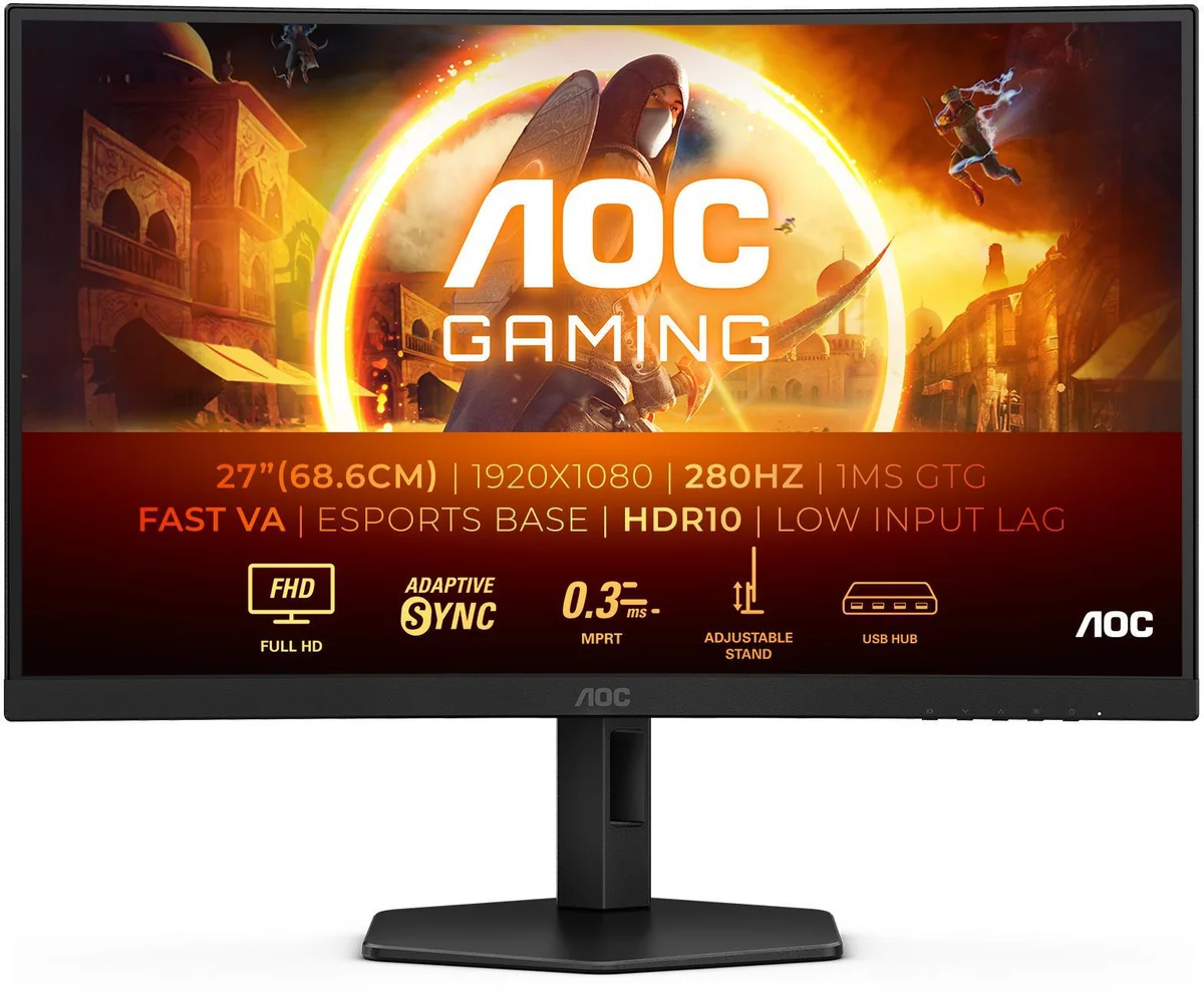 Monitor AOC C27G4ZXU 27" LED Fast VA FullHD 280Hz Curvo com Altifalantes, Altura Ajustável e Adaptive Sync