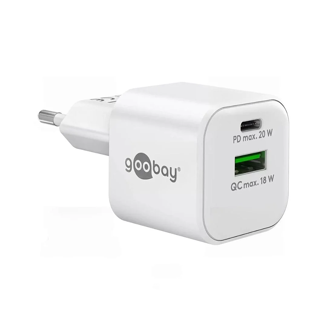 Goobay Carregador GaN 1×USB-A QC + 1×USB-C PD (20W) em Branco – 65865