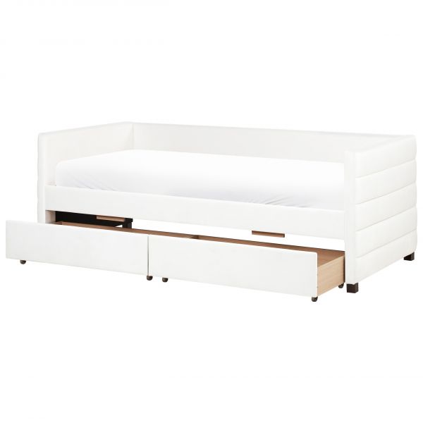 Beliani Cama de Solteiro com Arrumação em Veludo Branco-creme 90 x 200 cm com 2 Gavetas e Estrado de Ripas para Quarto Infantil de Estilo Elegante