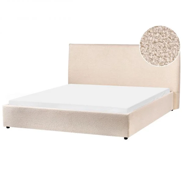 Beliani Cama Estofada em Bouclé Creme King Size 160 x 200 cm Cabeceira Grande e Clássica Estrado Ripado
