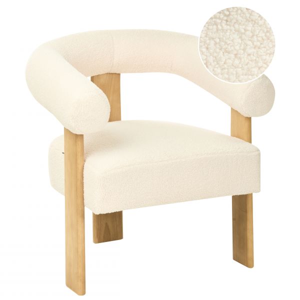 Beliani Poltrona Estofada em Bouclé Branco-creme com Pernas de Madeira Castanha Clara Design Retro Cadeirão para Sala de Estar