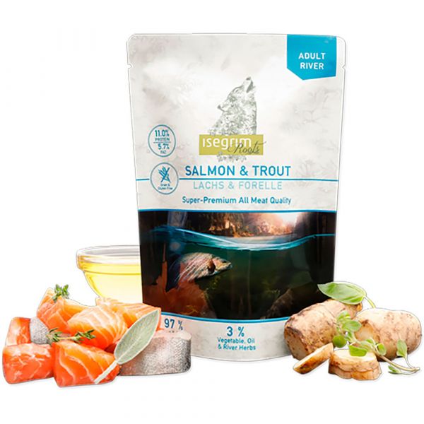 Ração Húmida Isegrim Roots Super Premium Salmão, Truta, Óleo de Flor de Açafrão e Ervas 410 gr