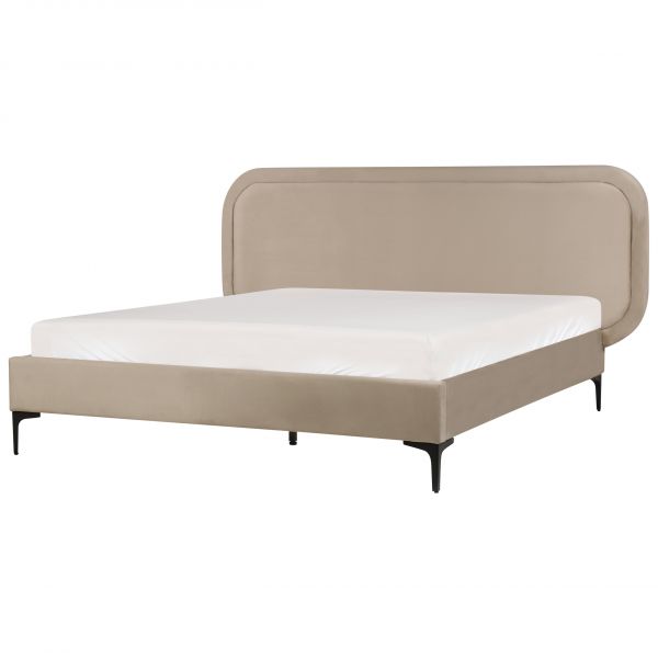 Beliani Cama de Casal Tamanho 160 x 200 cm em Veludo Creme com Cabeceira Estofada