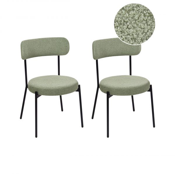 Beliani Conjunto de 2 Cadeiras de Refeição em Bouclé Verde Claro sem Repousa-braços e Pernas de Metal Preto