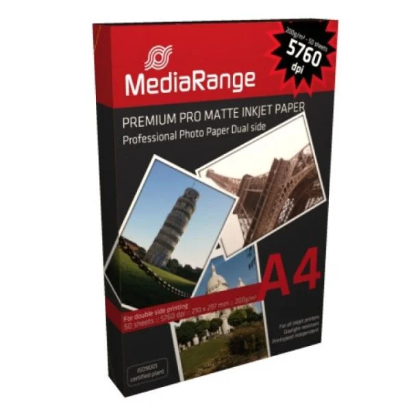 Mediarange Din A4 Papel Fotográfico p/ Impressoras Inkjet Dual-side Matte-coated, 200g 50 Sheets - MRINK102