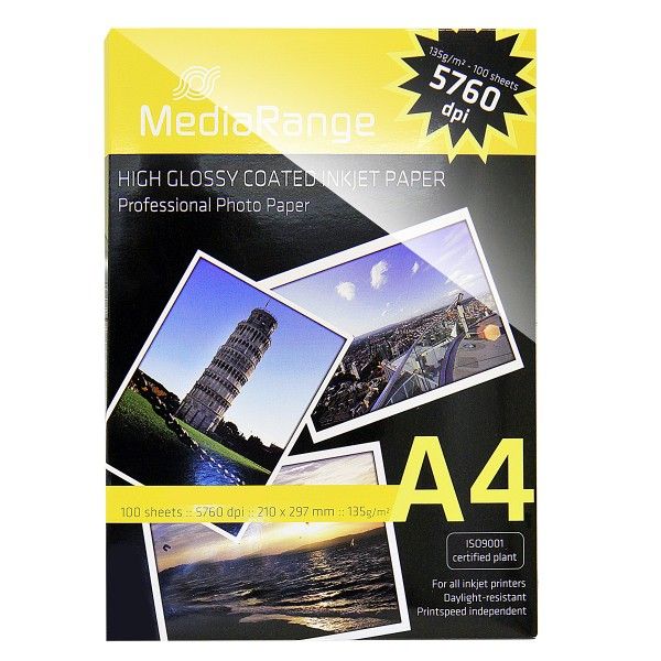 Mediarange Din A4 Papel Fotográfico p/ Impressoras Inkjet Brilhante 135g 100 Sheets - MRINK107