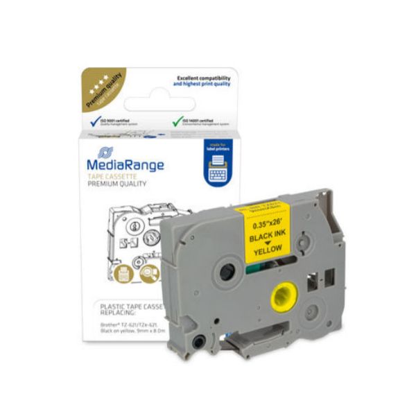 MediaRange Fita Laminada Brother TZE-621 Compatível 9mm x 8 metros Preto/Amarelo