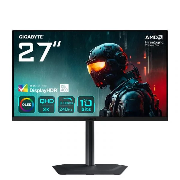 Monitor Gigabyte MO27Q2 27" QD-OLED QHD 240Hz 0.03ms HDR 400 com Altura Ajustável e FreeSync Premium Pro