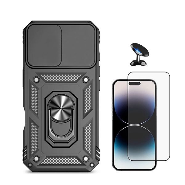 G4M Kit Película de Vidro Temperado Gorilasglass + Capa de Proteção Militar Magnética Janela + Suporte Magnético GIFT4ME Compativel Com Apple iPhone 16 Plus Black 4894128423874