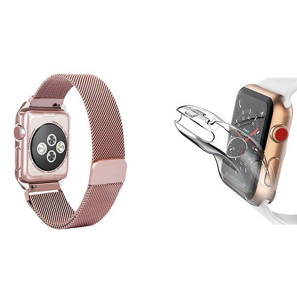 G4M Kit Bracelete Milanese Com Fecho Magnético + Capa Proteção Total GIFT4ME Compativel Com Apple Watch Series 10 - 42mm Pink / Transparente - 4894128426479