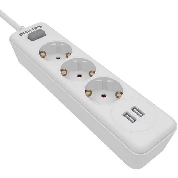 Philips SPN3032WA/10 Power Strip 3 tomadas Schuko + 2 USB 2m