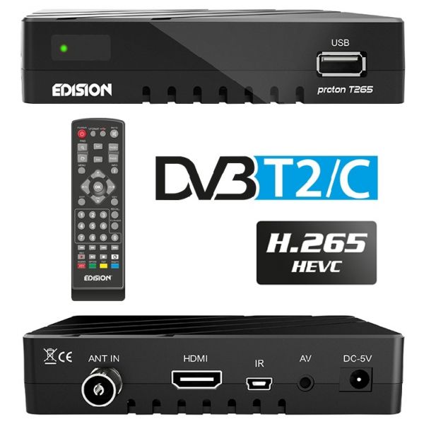 Edision Receptor Digital Terreste TDT DVB-T2 + Cabo DVB-C FullHD H.265 - Proton T265