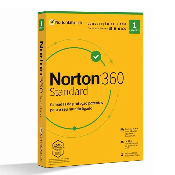 Norton 360 Standard Cloud 10GB 1 User, 1 Dispositivo, 1 Ano