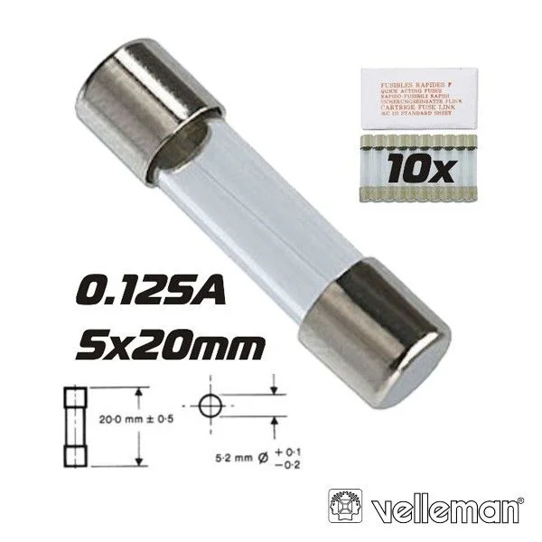 Velleman Fusível 5X20 Fusão Rápida 0.125A (10X) - FF0.125N