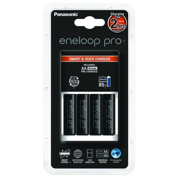 Panasonic Carregador BQ-CC55 + 4 Pilhas Recarregáveis Eneloop Pro BK-3HCDE 2500mAh