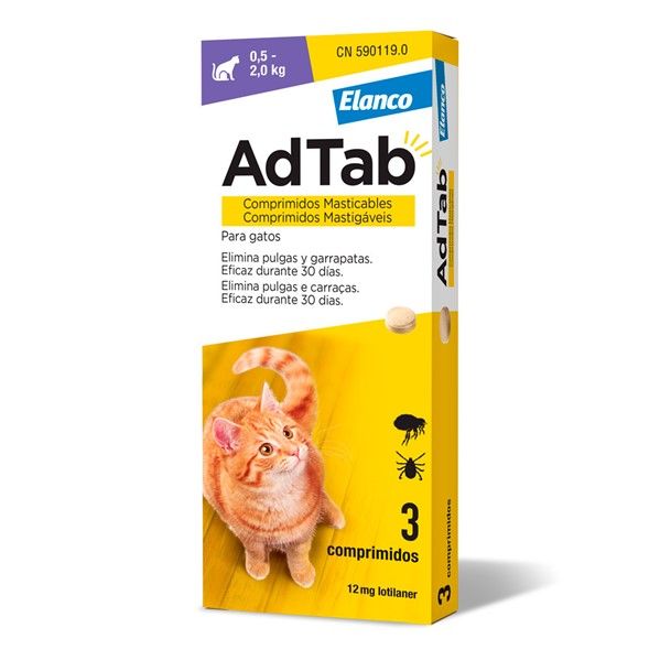 AdTab Comprimido Mastigável contra Pulgas e Carraças para Gatos 12mg 0,5 a 2Kg 3 Comprimidos