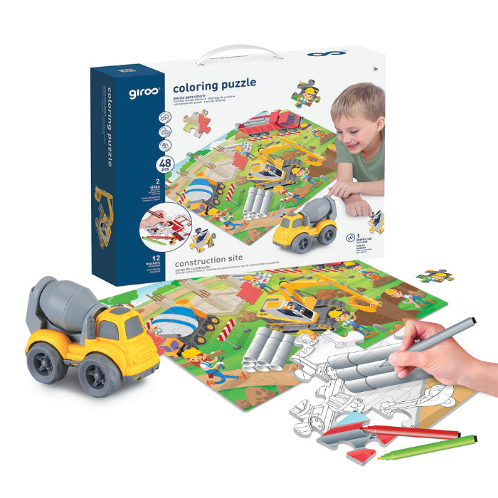 Puzzle Colorir 2 Faces + Carro 48 Pcs Contruções