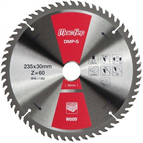 Disco pastilhado p/ madeira MacFer DMP-S 235mm Z30 refª 090.0015 MACFER