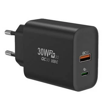 CARREGADOR USB TIPO C + USB A QC + PD 30W PRETO