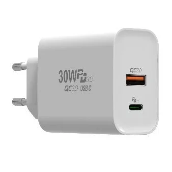 CARREGADOR USB TIPO C + USB A QC + PD 30W branco