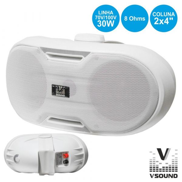 Vsound Coluna de Parede P/ 100V 8 Ohms 2x4" 30W Branca