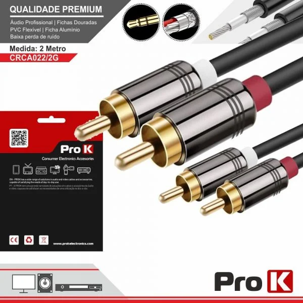 ProK Electronics Cabo 2-Rca Macho / 2-Rca Macho Dourado 2m