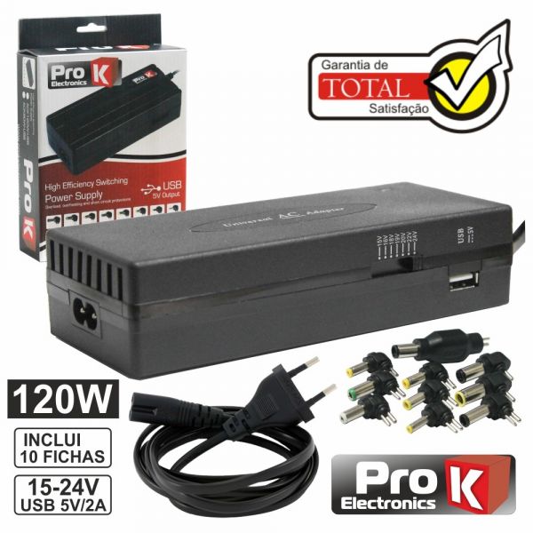 ProK Electronics Alimentador 220VAC -15/16/18/19/20/22/24V 6A 120W C/usb
