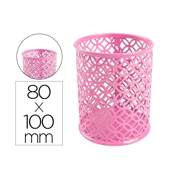 Q-Connect Porta-Lápis Metal Redondo Rosa, Desenho Rede, 80mm x 100mm