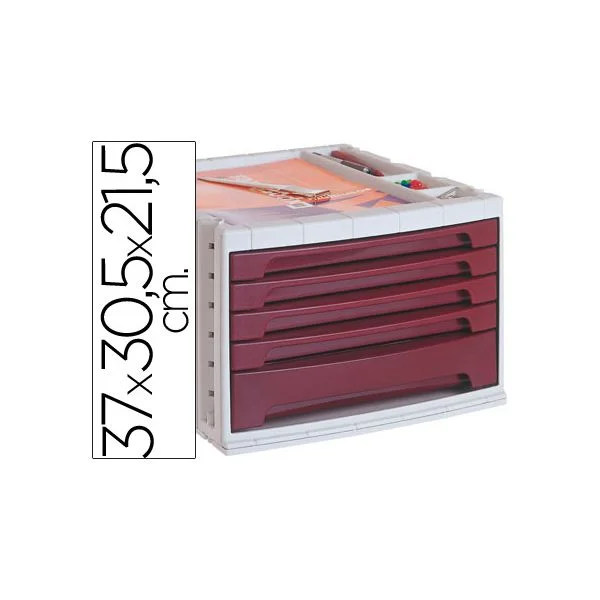 Q-connect Bloco Classificador de Secretaria 37X30,5X21,5 cm Bandeja Organizadora Superior 5 Gavetas Bordô - OFF043590CE