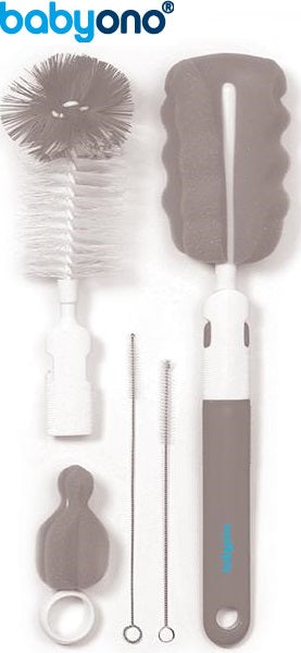Baby Ono - Conjunto de escova para biberões e tetinas com pega removãvel e mini esponja cinza